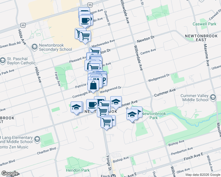 map of restaurants, bars, coffee shops, grocery stores, and more near 24 Wedgewood Drive in Toronto