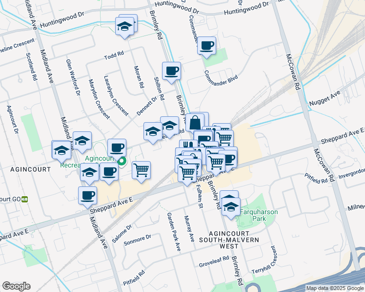 map of restaurants, bars, coffee shops, grocery stores, and more near 2132 Brimley Road in Toronto