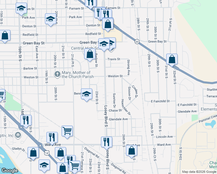map of restaurants, bars, coffee shops, grocery stores, and more near 2139 Losey Boulevard South in La Crosse