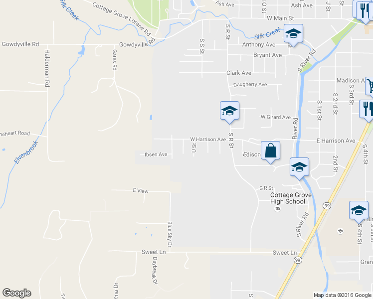 map of restaurants, bars, coffee shops, grocery stores, and more near 934 South V Court in Cottage Grove