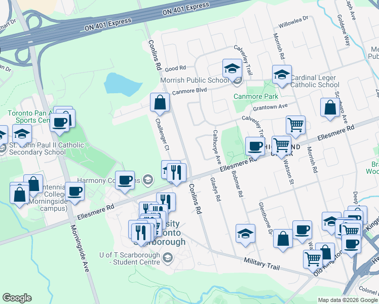 map of restaurants, bars, coffee shops, grocery stores, and more near 177 Conlins Road in Toronto