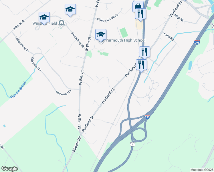 map of restaurants, bars, coffee shops, grocery stores, and more near 22 Winding Way in Yarmouth