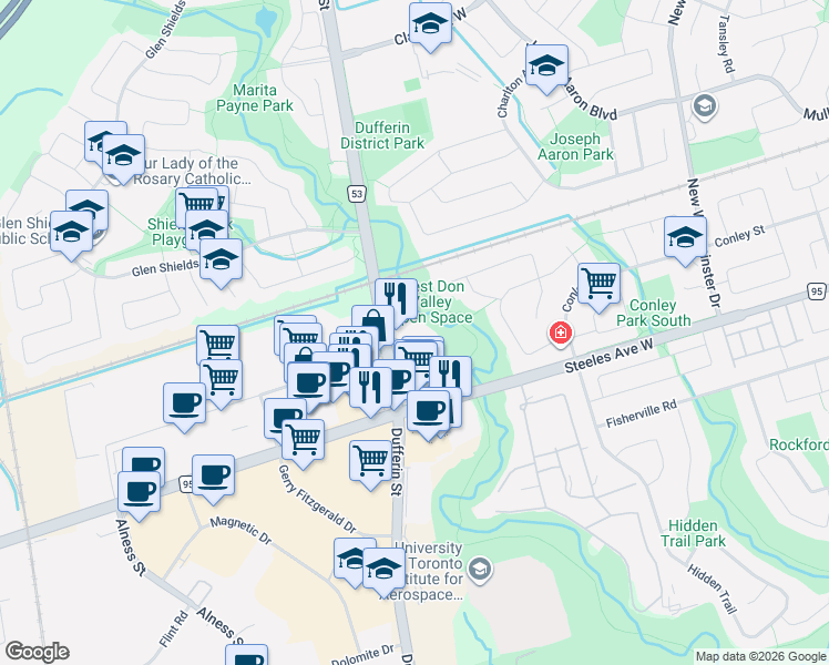map of restaurants, bars, coffee shops, grocery stores, and more near 8 Maison Parc Court in Vaughan