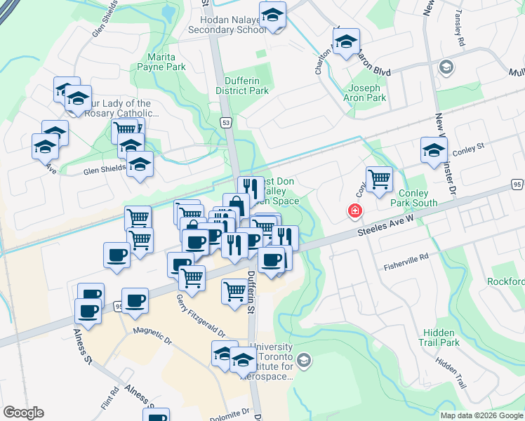 map of restaurants, bars, coffee shops, grocery stores, and more near 8 Maison Parc Court in Vaughan