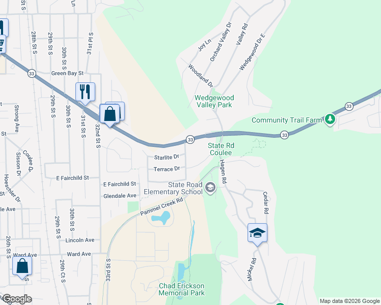 map of restaurants, bars, coffee shops, grocery stores, and more near 2219 Hiawatha Avenue in La Crosse