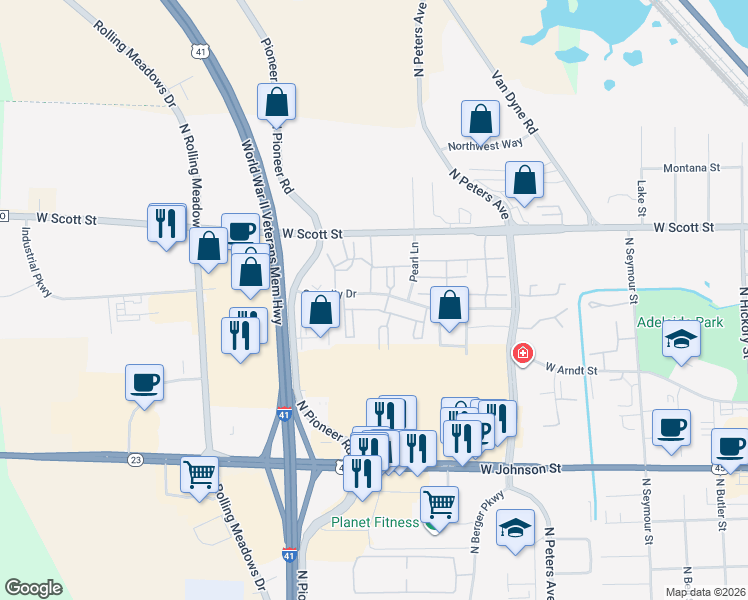 map of restaurants, bars, coffee shops, grocery stores, and more near 854 Security Drive in Fond du Lac