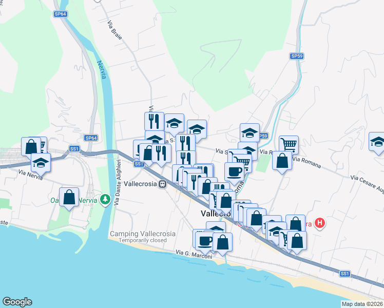 map of restaurants, bars, coffee shops, grocery stores, and more near 160 Via Papa Giovanni XXIII in Vallecrosia