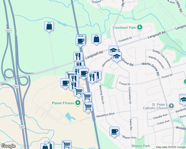 map of restaurants, bars, coffee shops, grocery stores, and more near 54 Cabinet Crescent in Vaughan