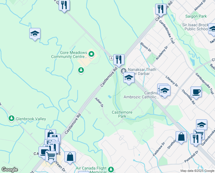 map of restaurants, bars, coffee shops, grocery stores, and more near 4395 Castlemore Road in Brampton