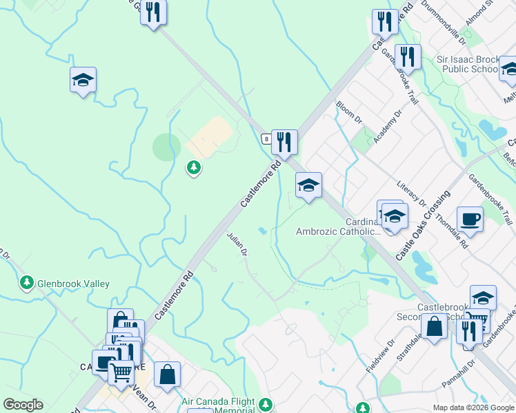 map of restaurants, bars, coffee shops, grocery stores, and more near 4395 Castlemore Road in Brampton
