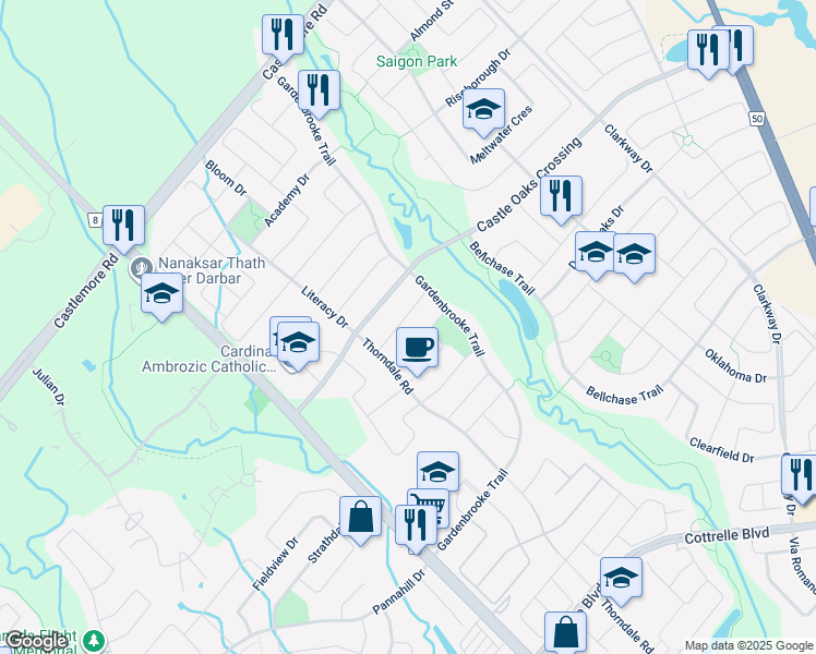 map of restaurants, bars, coffee shops, grocery stores, and more near 29 Matthew Harrison Street in Brampton