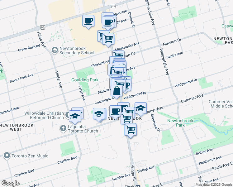 map of restaurants, bars, coffee shops, grocery stores, and more near in Toronto