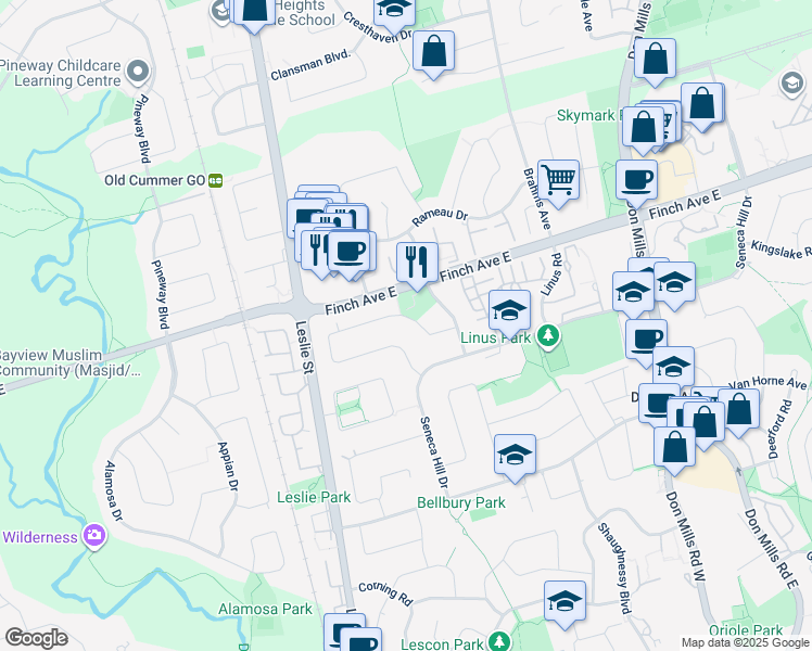 map of restaurants, bars, coffee shops, grocery stores, and more near 157 Angus Drive in Toronto
