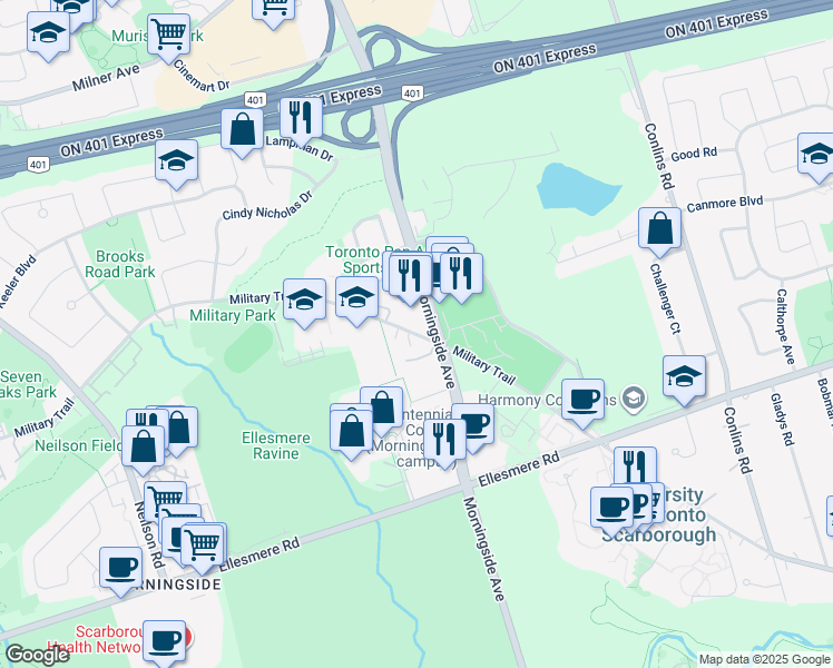 map of restaurants, bars, coffee shops, grocery stores, and more near 803 Military Trail in Toronto