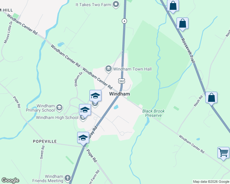 map of restaurants, bars, coffee shops, grocery stores, and more near 235 Windham Center Road in Windham