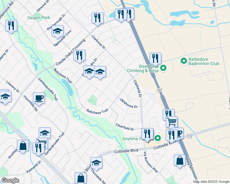 map of restaurants, bars, coffee shops, grocery stores, and more near in Brampton
