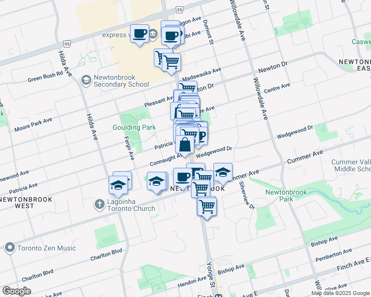map of restaurants, bars, coffee shops, grocery stores, and more near 6010 Yonge Street in Toronto