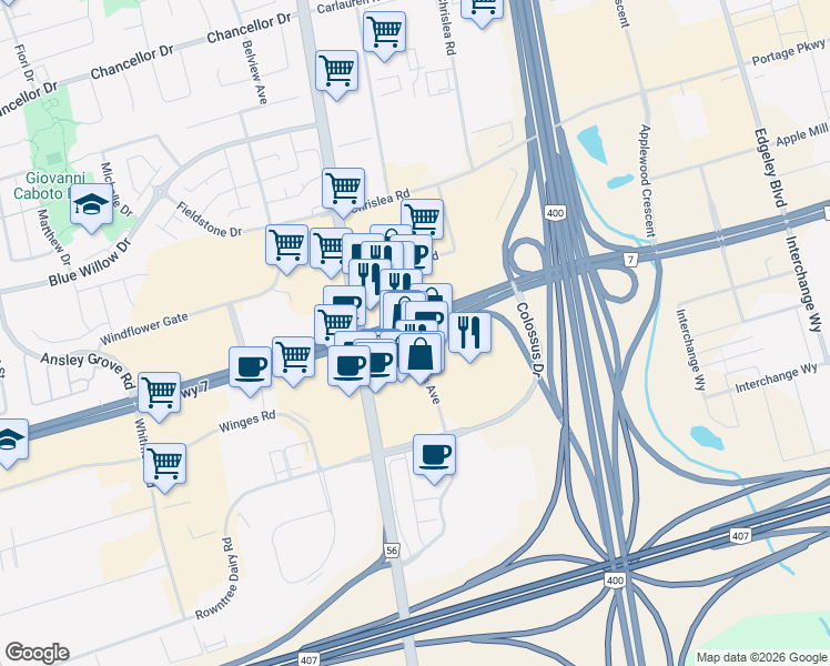 map of restaurants, bars, coffee shops, grocery stores, and more near 3555 Highway 7 West in Vaughan