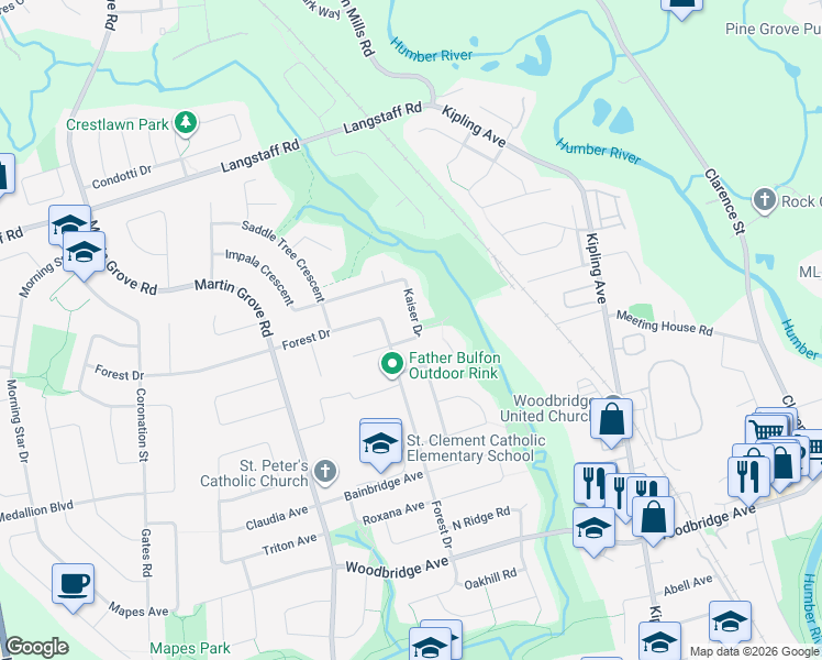 map of restaurants, bars, coffee shops, grocery stores, and more near 22 Kaiser Drive in Vaughan