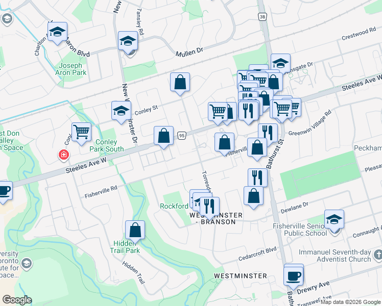 map of restaurants, bars, coffee shops, grocery stores, and more near 296 Torresdale Avenue in Toronto