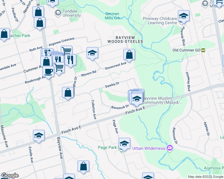 map of restaurants, bars, coffee shops, grocery stores, and more near 7 Warlock Crescent in Toronto