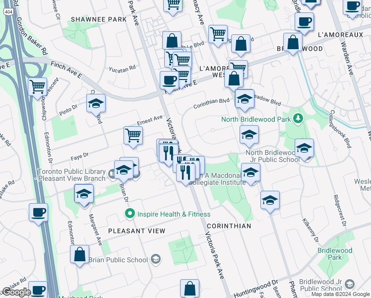 map of restaurants, bars, coffee shops, grocery stores, and more near 4 Ferncrest Gate in Toronto