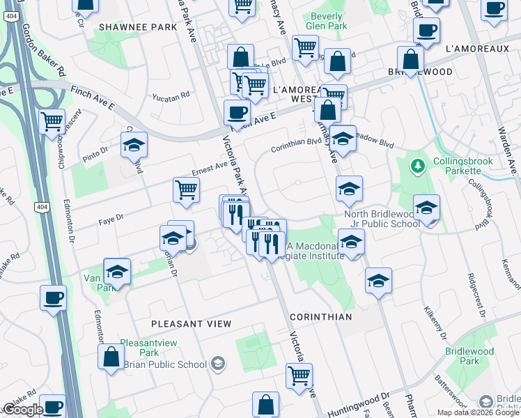 map of restaurants, bars, coffee shops, grocery stores, and more near 4 Ferncrest Gate in Toronto