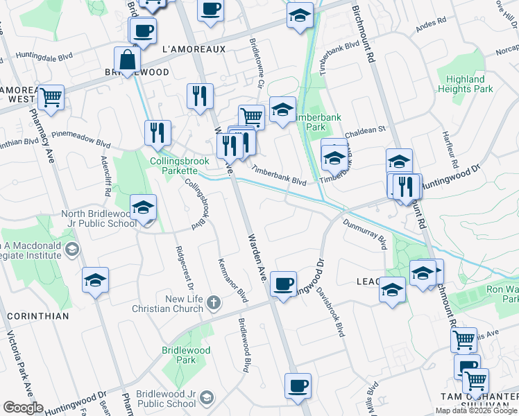 map of restaurants, bars, coffee shops, grocery stores, and more near 24 Roundwood Court in Toronto
