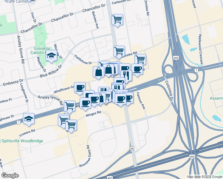 map of restaurants, bars, coffee shops, grocery stores, and more near 3790 Highway 7 West in Vaughan