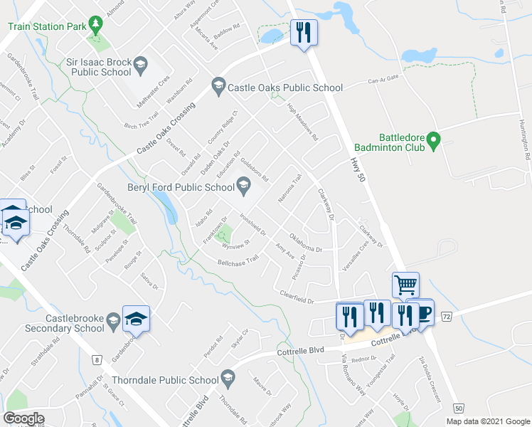 map of restaurants, bars, coffee shops, grocery stores, and more near 27 Needle Tree Drive in Brampton