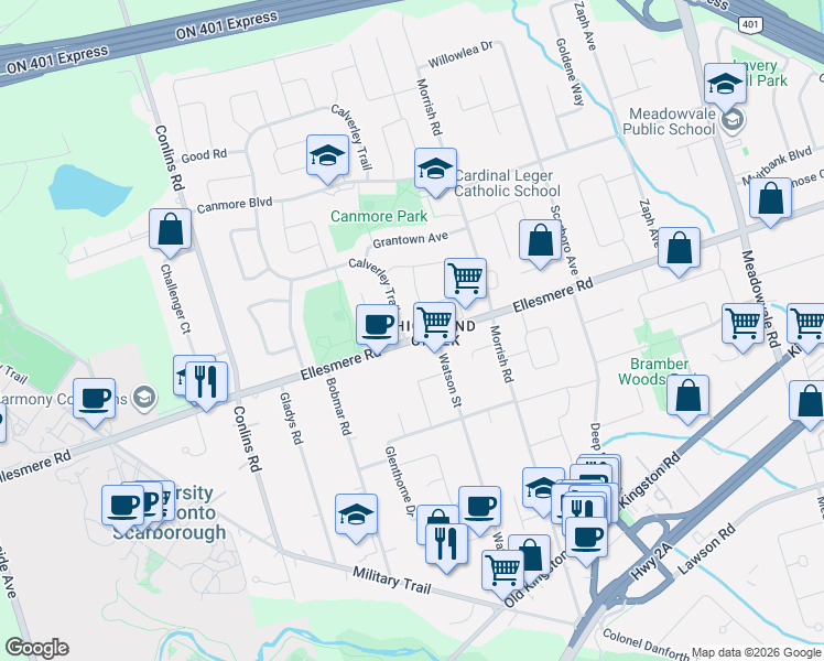 map of restaurants, bars, coffee shops, grocery stores, and more near in Toronto