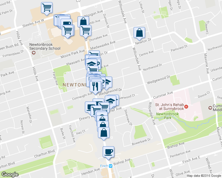 map of restaurants, bars, coffee shops, grocery stores, and more near 15 Wedgewood Drive in Toronto