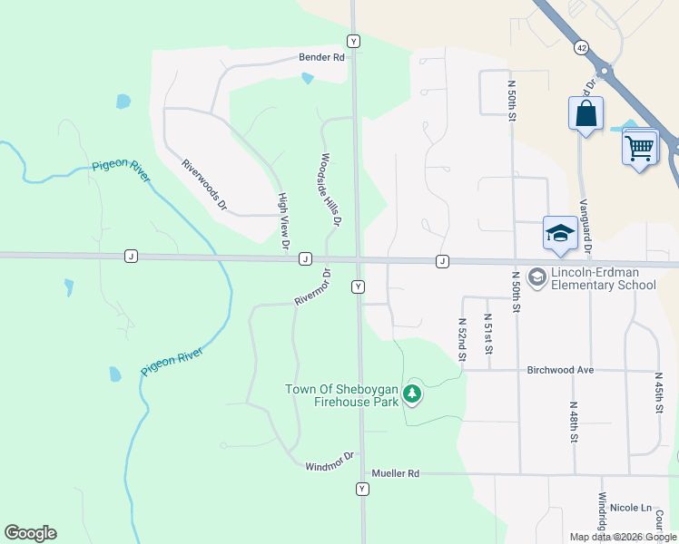 map of restaurants, bars, coffee shops, grocery stores, and more near N6881 Rivermor Drive in Sheboygan