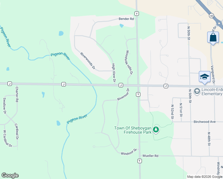 map of restaurants, bars, coffee shops, grocery stores, and more near W1771 County Road J in Sheboygan