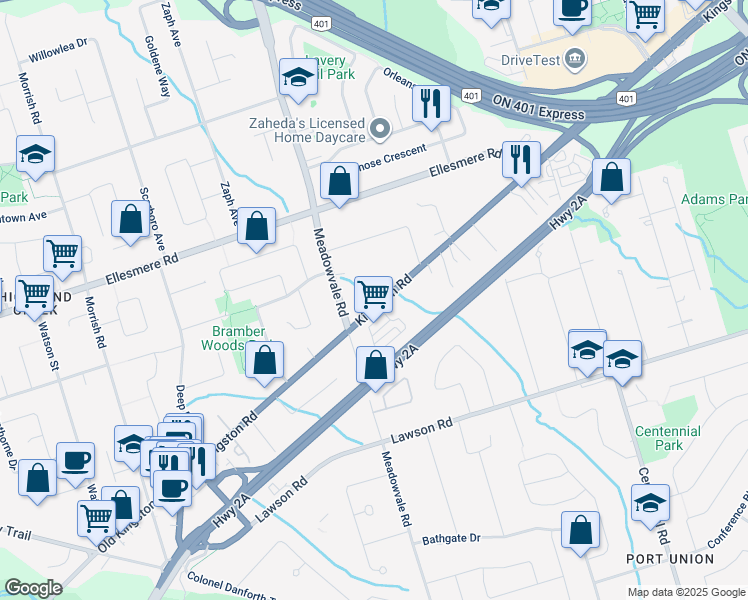 map of restaurants, bars, coffee shops, grocery stores, and more near 6382 Kingston Road in Toronto
