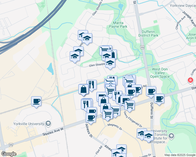 map of restaurants, bars, coffee shops, grocery stores, and more near 49 Cog Hill Drive in Vaughan