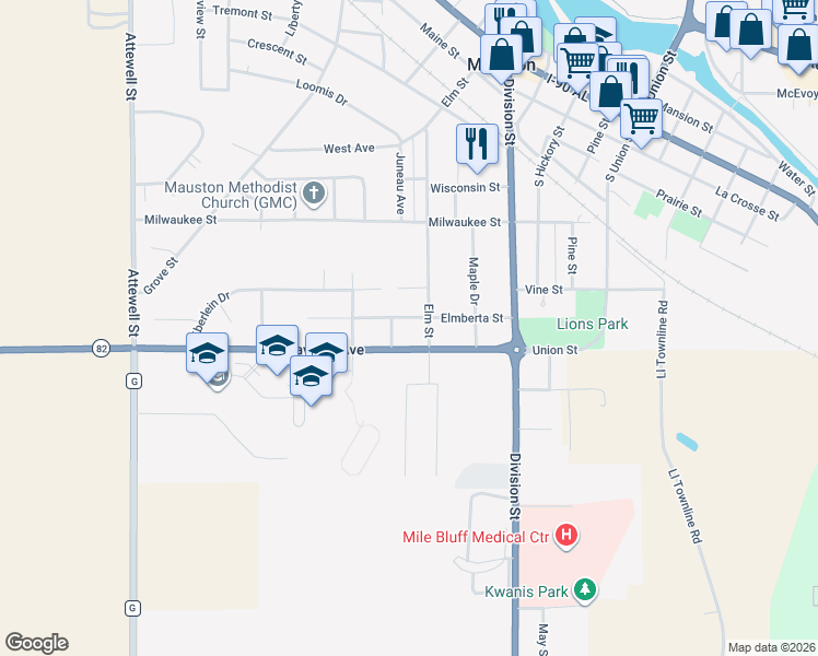 map of restaurants, bars, coffee shops, grocery stores, and more near 353 Grayside Avenue in Mauston