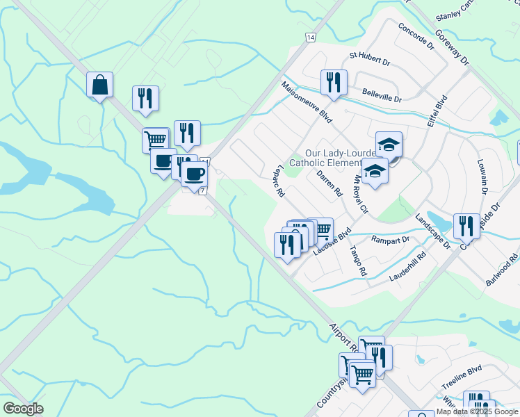 map of restaurants, bars, coffee shops, grocery stores, and more near 6161 Mayfield Road in Brampton