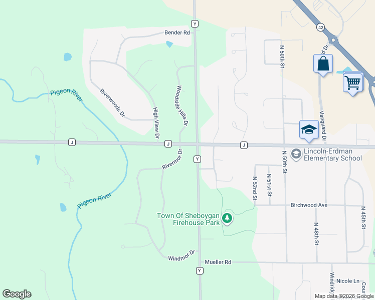 map of restaurants, bars, coffee shops, grocery stores, and more near N6881 Rivermor Drive in Sheboygan