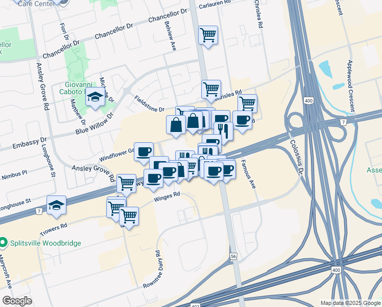 map of restaurants, bars, coffee shops, grocery stores, and more near in Vaughan