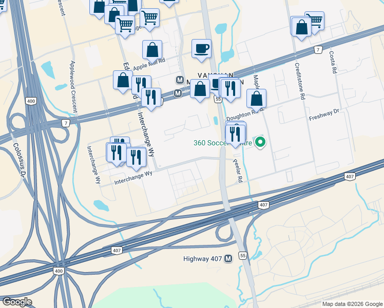 map of restaurants, bars, coffee shops, grocery stores, and more near 55 Interchange Way in Vaughan