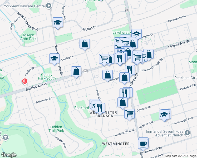 map of restaurants, bars, coffee shops, grocery stores, and more near 90 Fisherville Road in Toronto