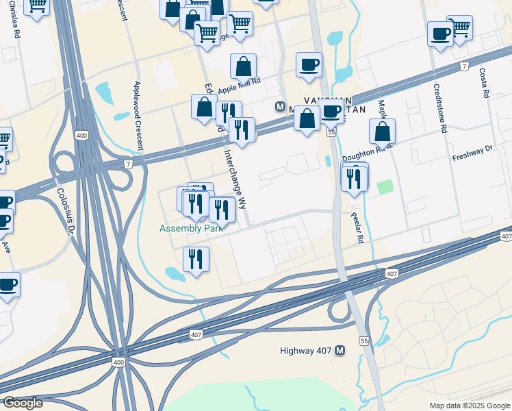 map of restaurants, bars, coffee shops, grocery stores, and more near 25 Interchange Way in Vaughan