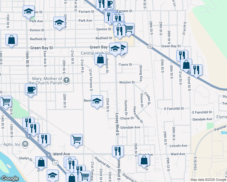 map of restaurants, bars, coffee shops, grocery stores, and more near 2139 Losey Boulevard South in La Crosse