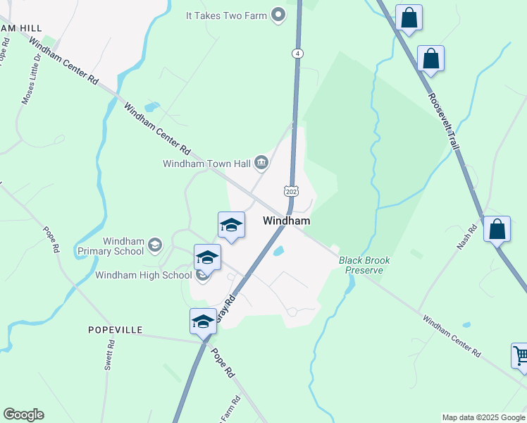 map of restaurants, bars, coffee shops, grocery stores, and more near 235 Windham Center Road in Windham