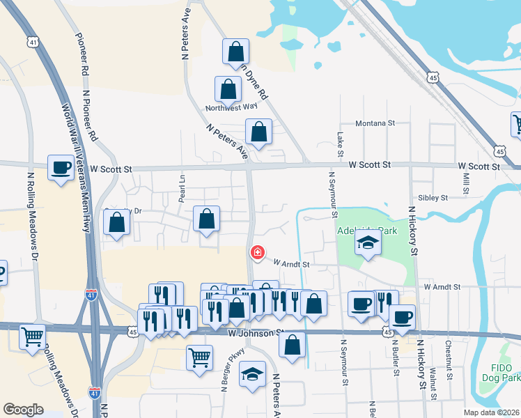 map of restaurants, bars, coffee shops, grocery stores, and more near 362 North Peters Avenue in Fond du Lac