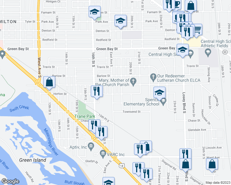 map of restaurants, bars, coffee shops, grocery stores, and more near 2202 19th Street South in La Crosse