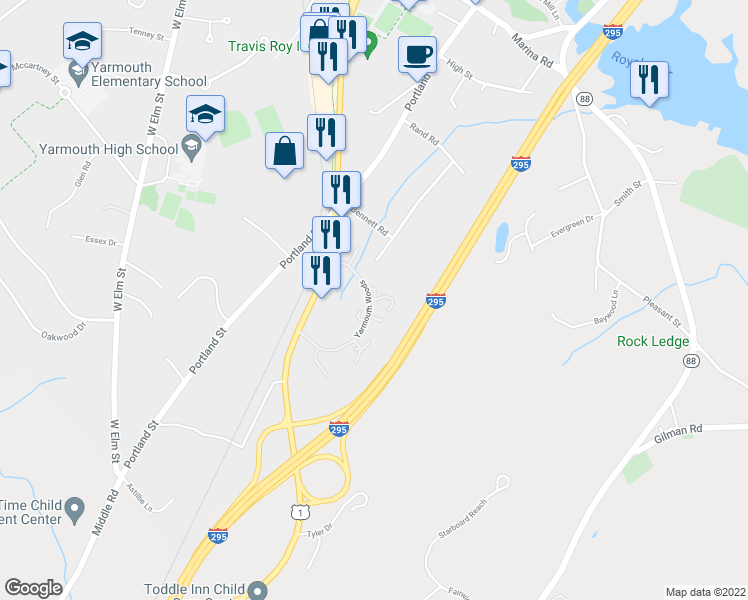 map of restaurants, bars, coffee shops, grocery stores, and more near 2 Amesbury Court in Yarmouth