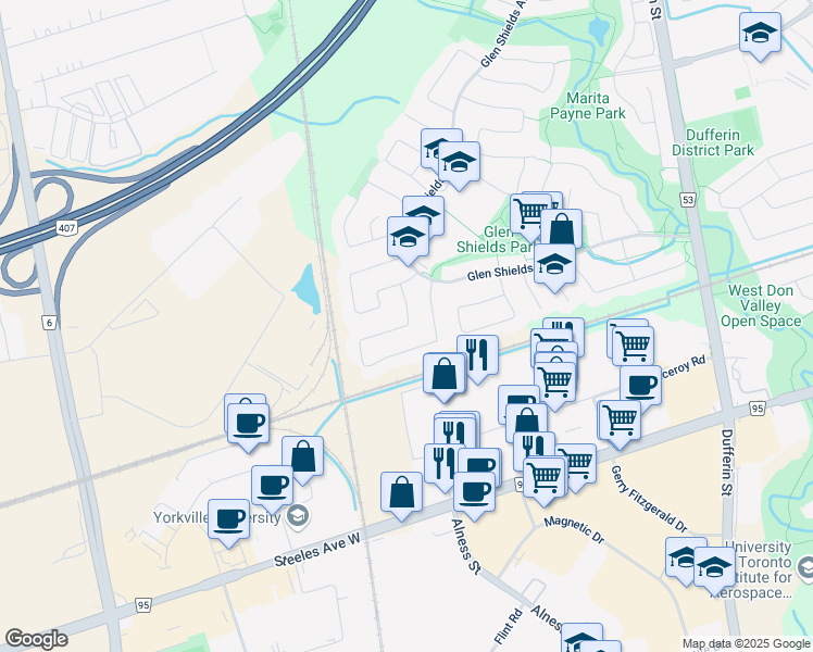 map of restaurants, bars, coffee shops, grocery stores, and more near Bob O'Link Avenue in Vaughan
