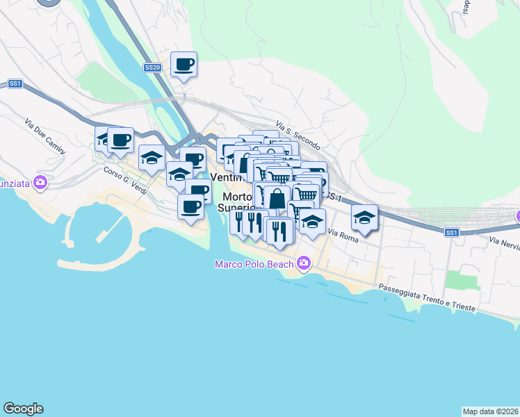 map of restaurants, bars, coffee shops, grocery stores, and more near 13 Via Vittorio Veneto in Ventimiglia